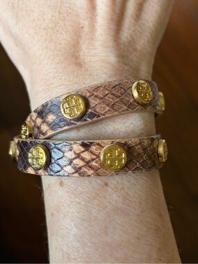 Tory Burch Brown Snake-Embossed Double Wrap Bracelet with Gold Logos